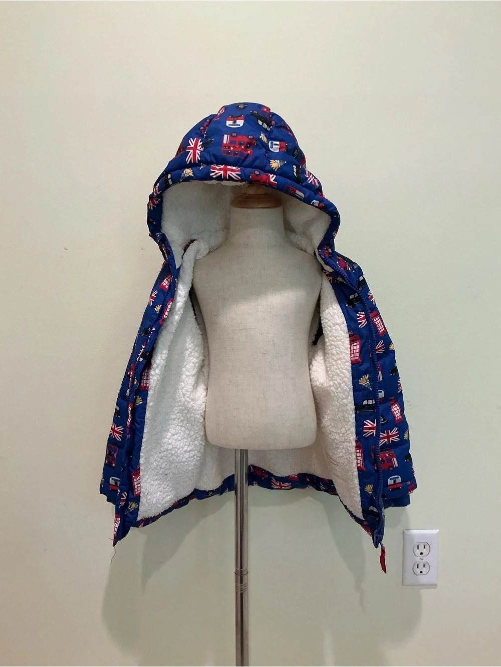 Gymboree Blue Hooded Puffer Jacket with British Motifs